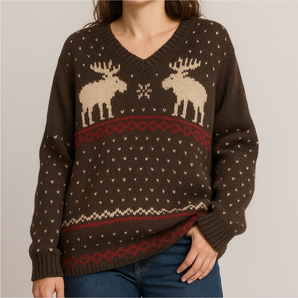 Vintage Polo Ralph Lauren Mens Large Cotton Linen Moose Fair Isle Sweater